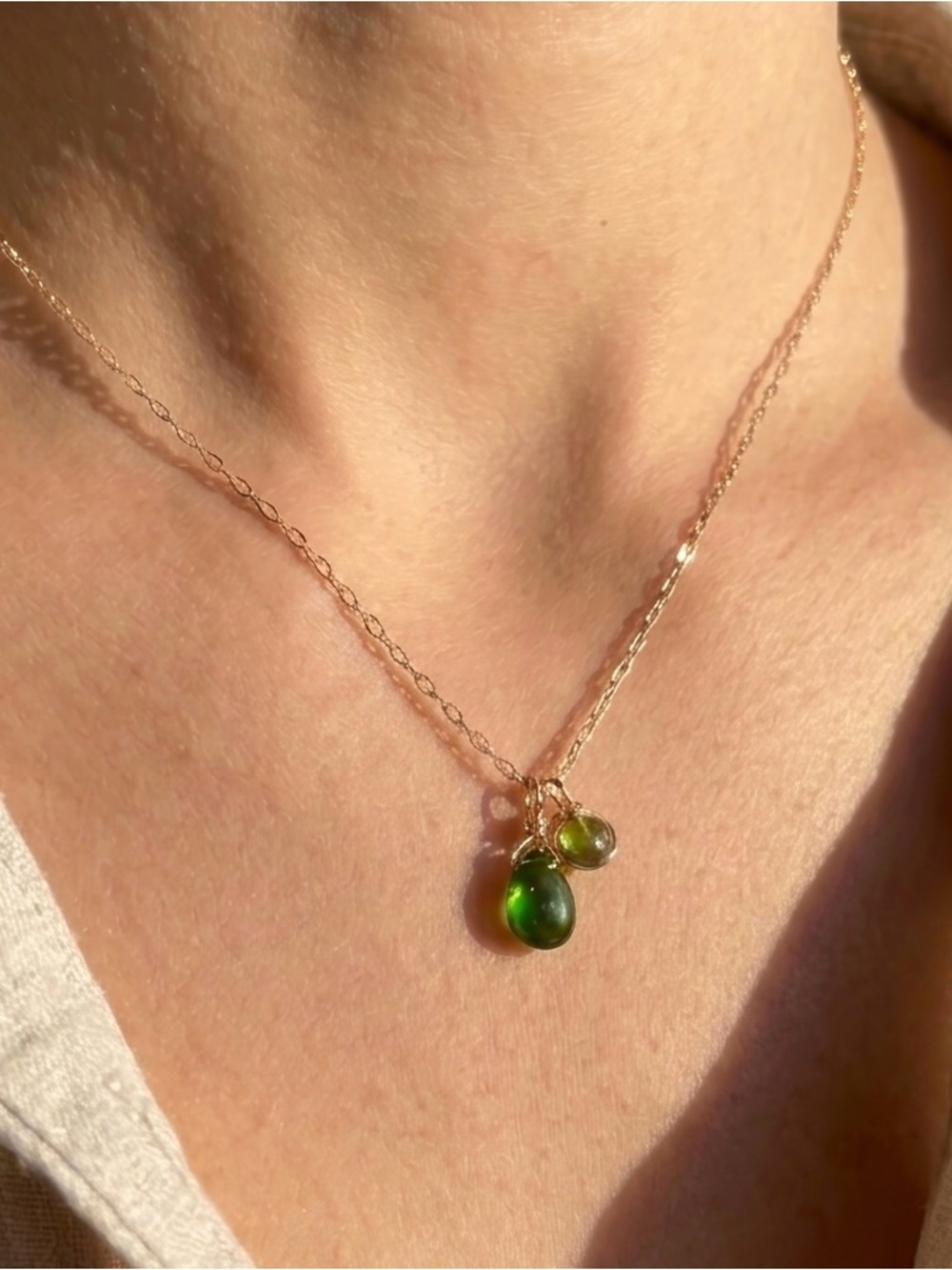 Gold Filled Asymmetrical Two Stone Green Chrome Diopside and Tourmaline Necklace